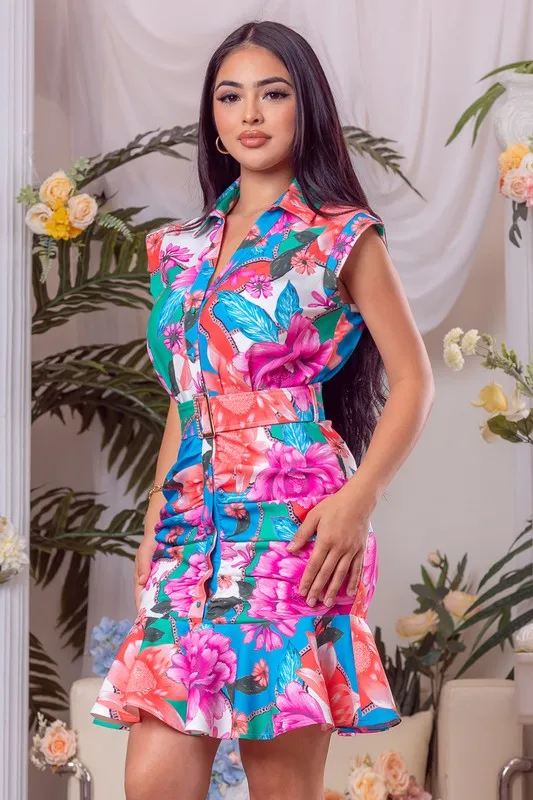Multi Color Printed Collar Button Down Mini Dress