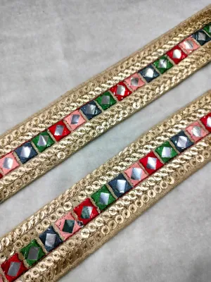 Multicolor Square Fancy Zari & Mirror Work Embellished Trim