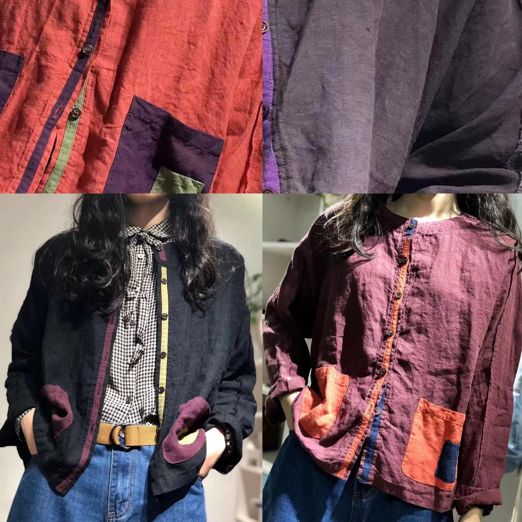 Organic purple o neck linen tunics for women Patch pockets baggy fall shirt