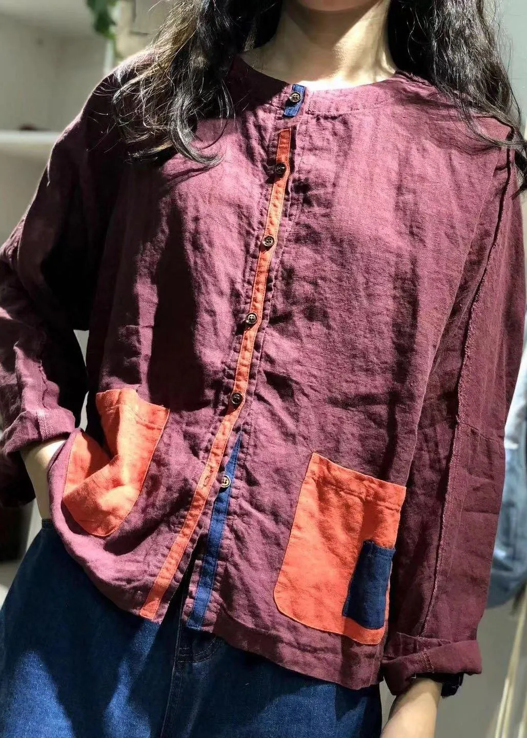 Organic purple o neck linen tunics for women Patch pockets baggy fall shirt