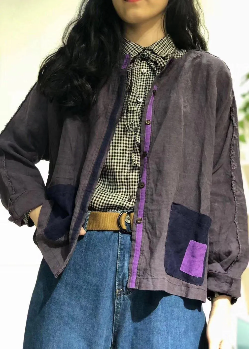 Organic purple o neck linen tunics for women Patch pockets baggy fall shirt