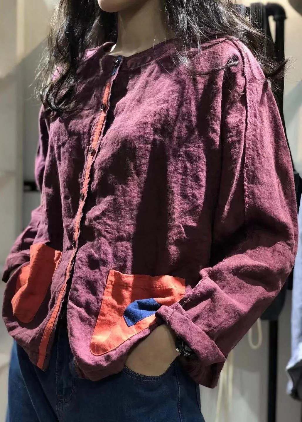 Organic purple o neck linen tunics for women Patch pockets baggy fall shirt