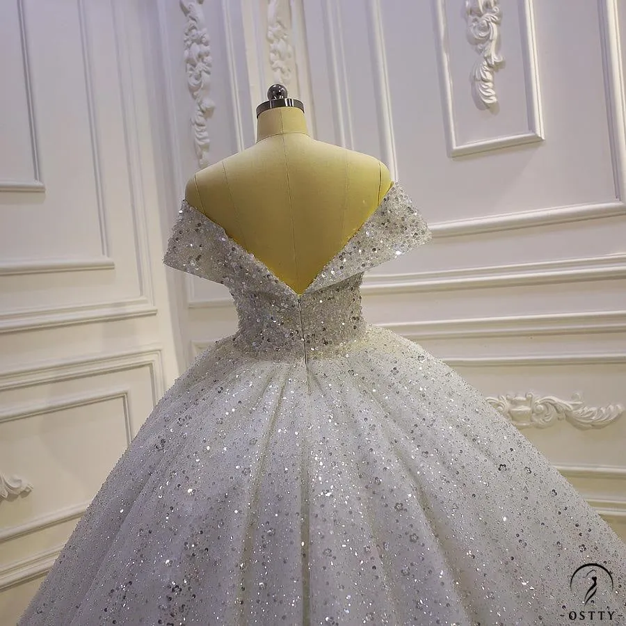 Ostty Luxury White Wedding Dress Short Sleeve Ball Gown Crystal Dresses OS851