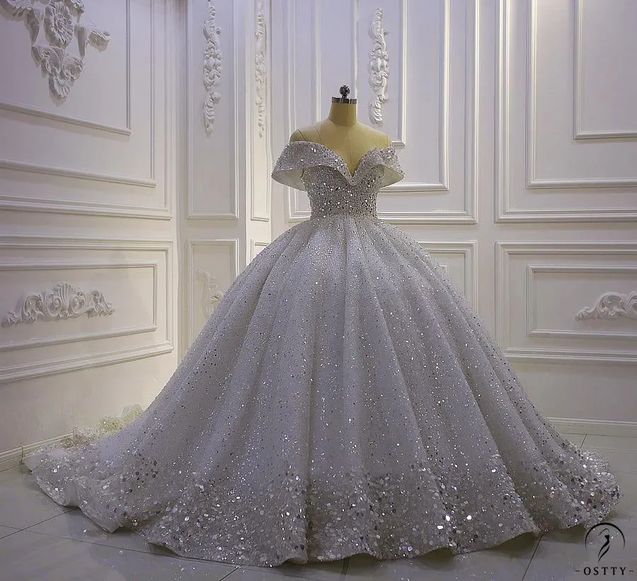 Ostty Luxury White Wedding Dress Short Sleeve Ball Gown Crystal Dresses OS851