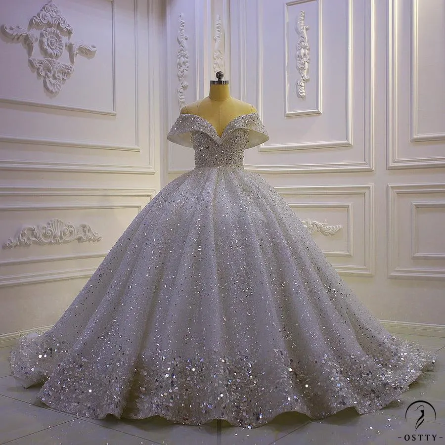 Ostty Luxury White Wedding Dress Short Sleeve Ball Gown Crystal Dresses OS851
