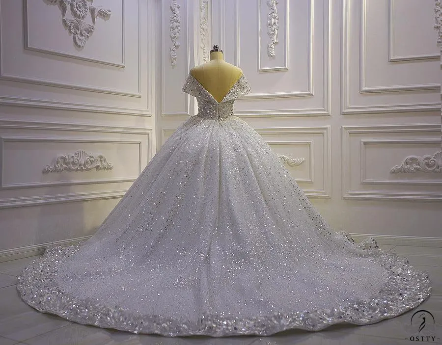 Ostty Luxury White Wedding Dress Short Sleeve Ball Gown Crystal Dresses OS851