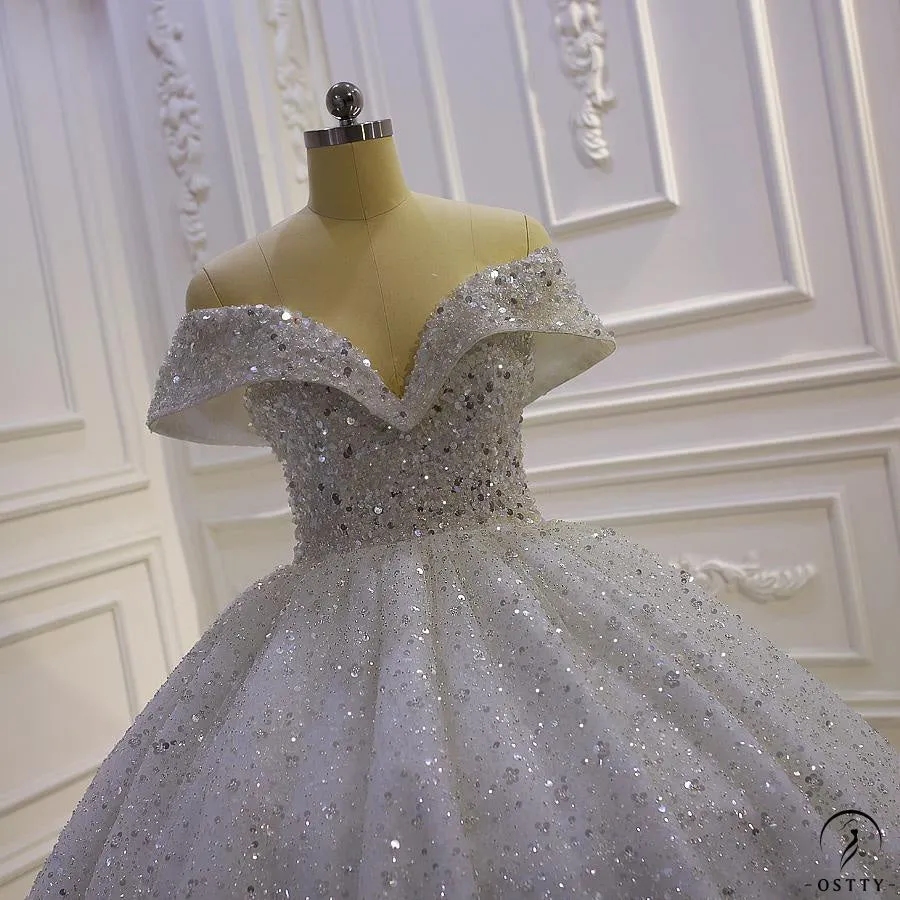 Ostty Luxury White Wedding Dress Short Sleeve Ball Gown Crystal Dresses OS851