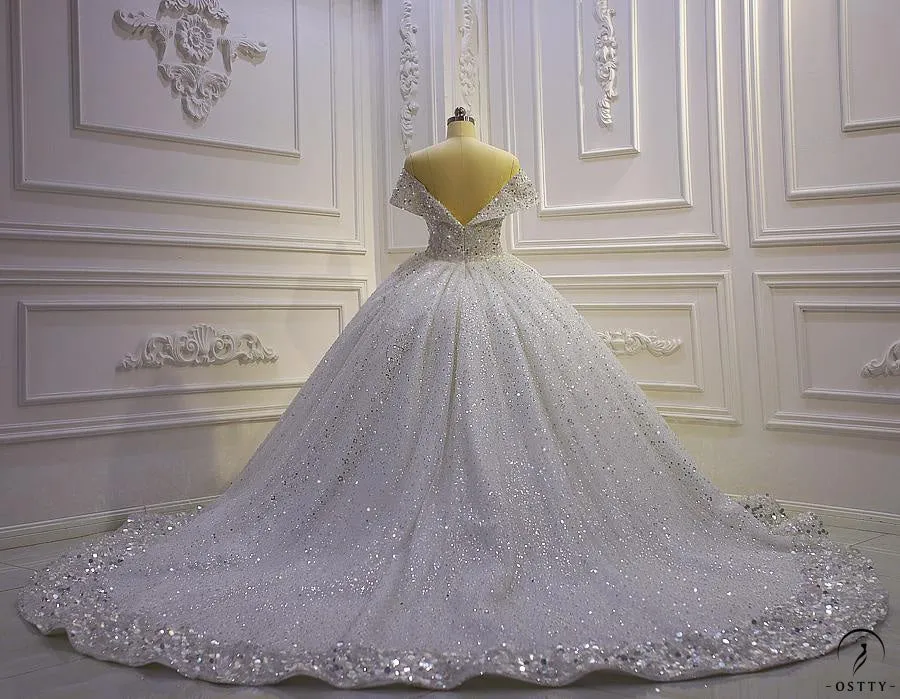 Ostty Luxury White Wedding Dress Short Sleeve Ball Gown Crystal Dresses OS851