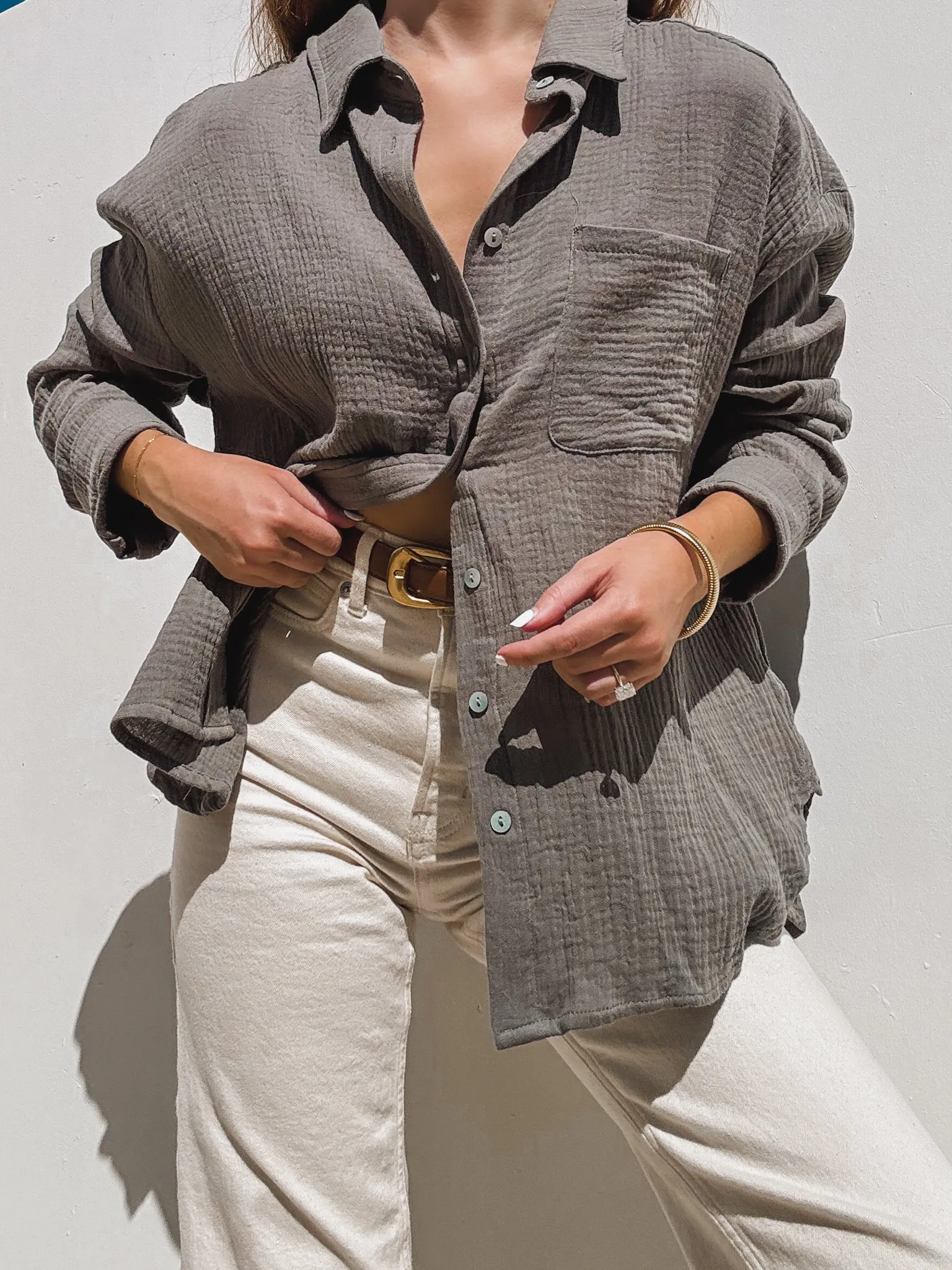 Palms Gauze Button Down in Olive grey
