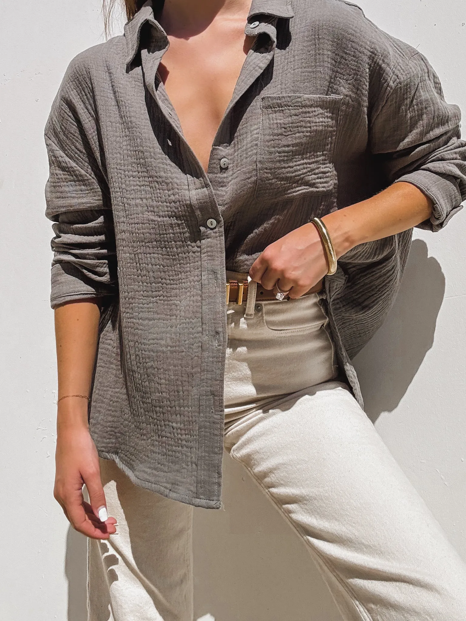 Palms Gauze Button Down in Olive grey