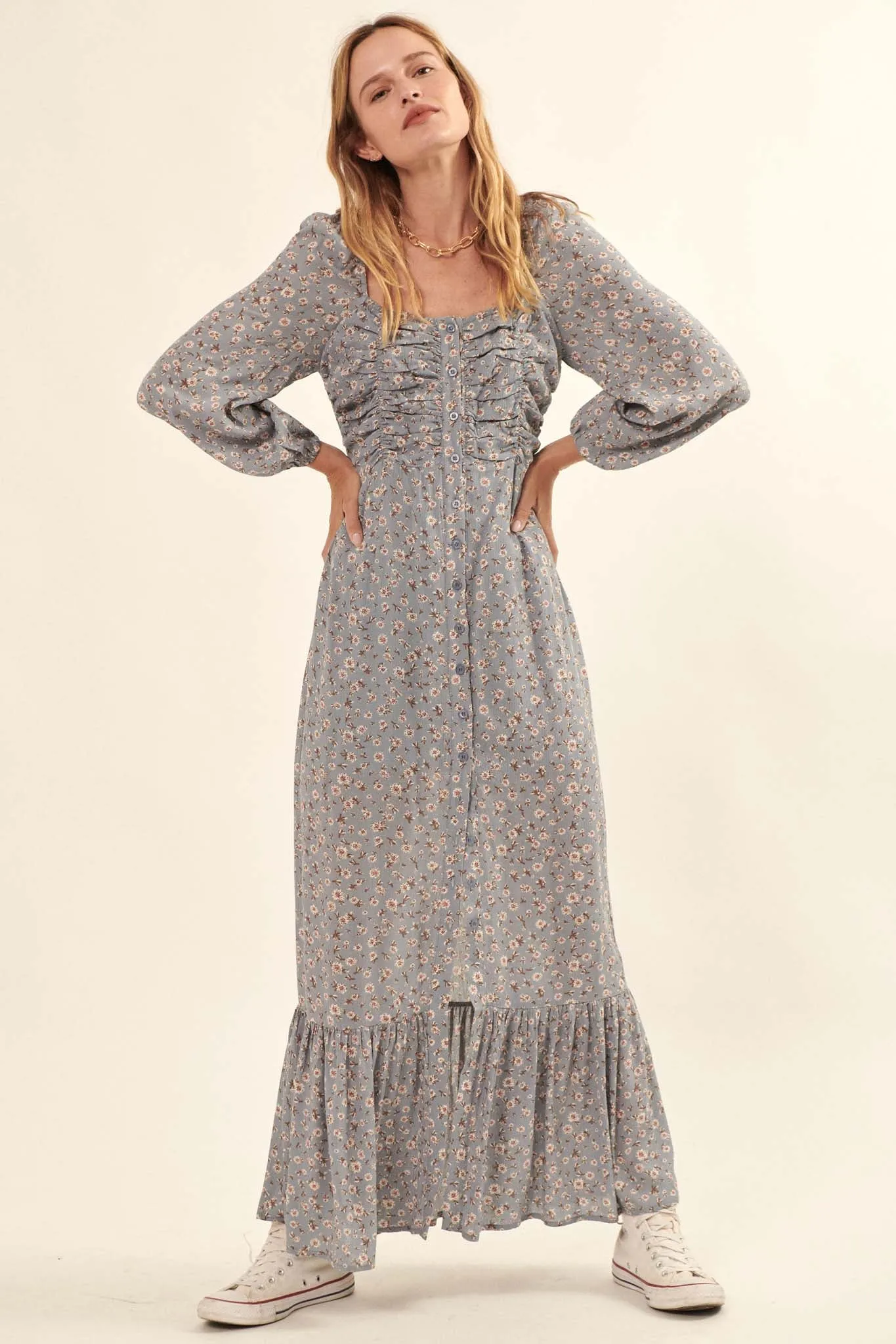 Petty Pastures Ruched Floral Prairie Dress