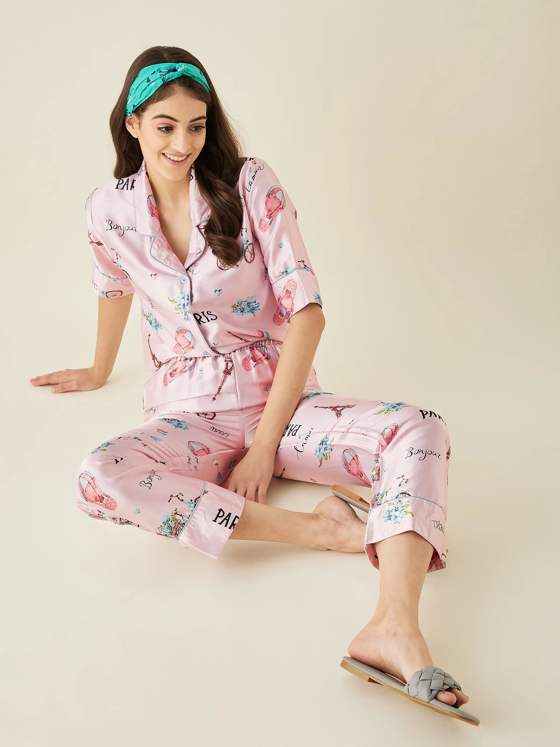 Pink Parachute Satin Pyjama Set  - The Kaftan Company