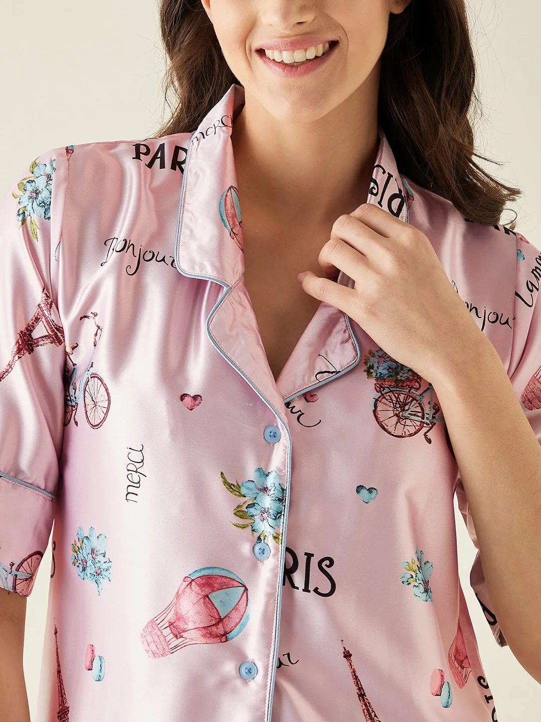Pink Parachute Satin Pyjama Set  - The Kaftan Company