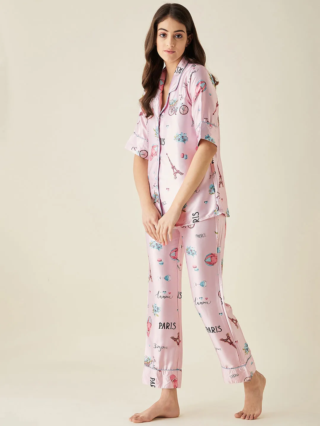 Pink Parachute Satin Pyjama Set  - The Kaftan Company