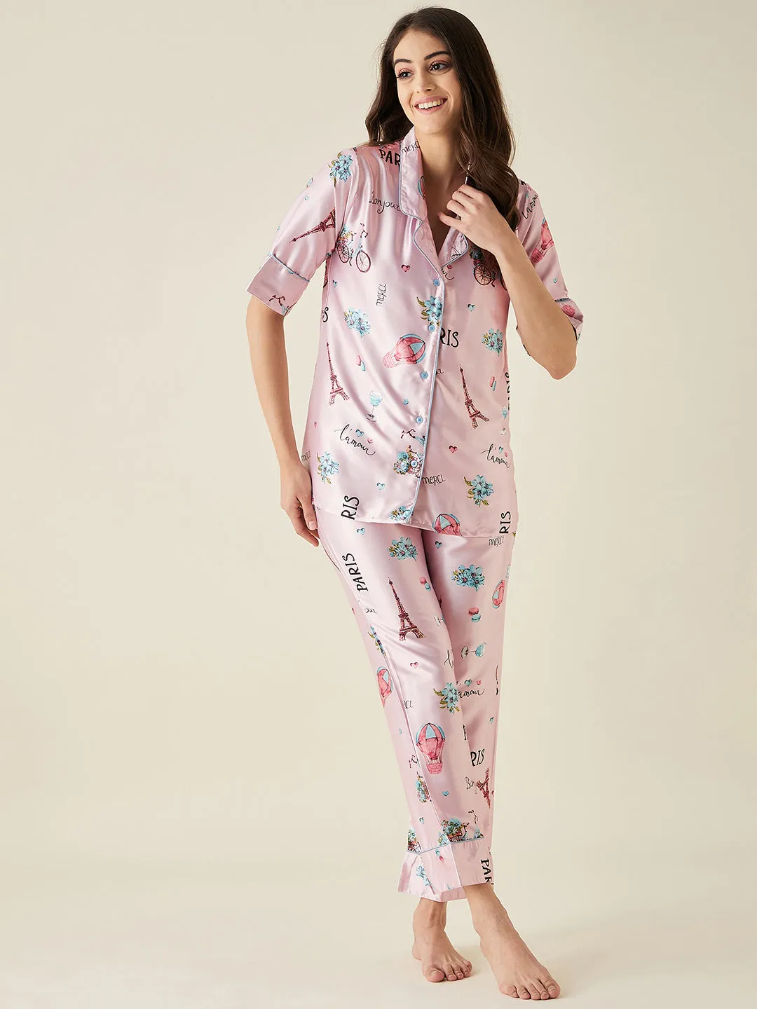 Pink Parachute Satin Pyjama Set  - The Kaftan Company