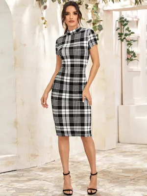 Plaid Cap Sleeve Stand Collar Pencil Natural Knee Length Womens Dress