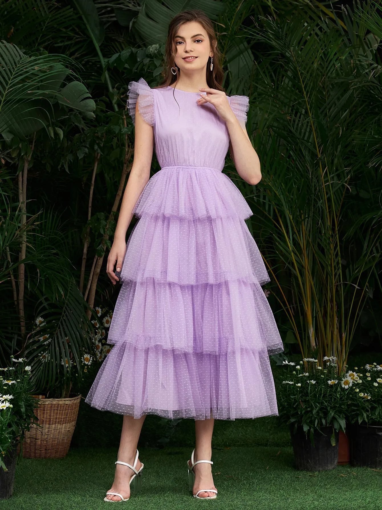 Plain Button Cap Sleeve Round Neck Layered/Tiered High Waist Long Dress