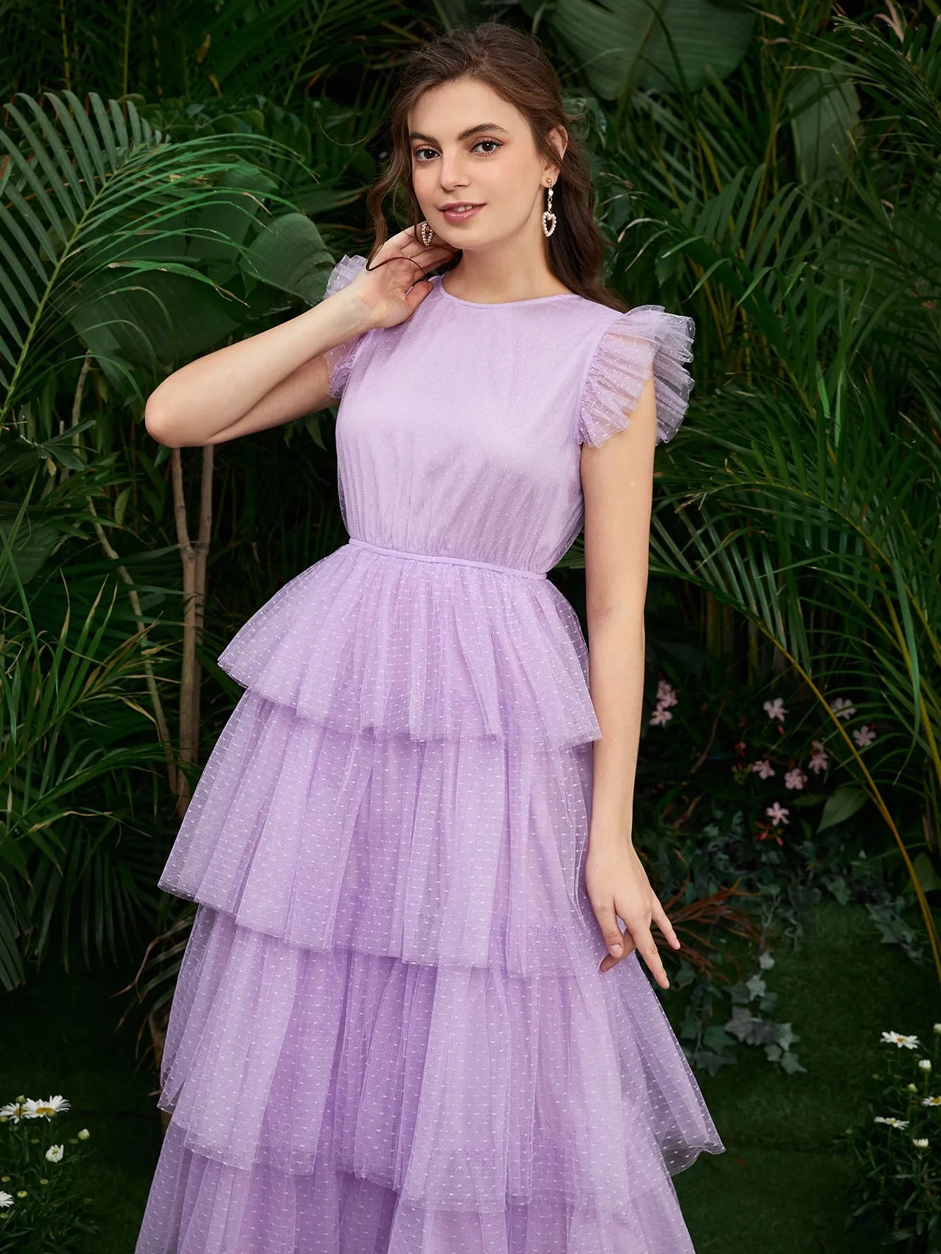 Plain Button Cap Sleeve Round Neck Layered/Tiered High Waist Long Dress