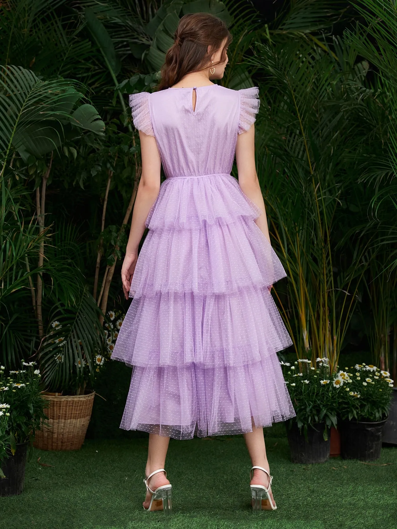 Plain Button Cap Sleeve Round Neck Layered/Tiered High Waist Long Dress