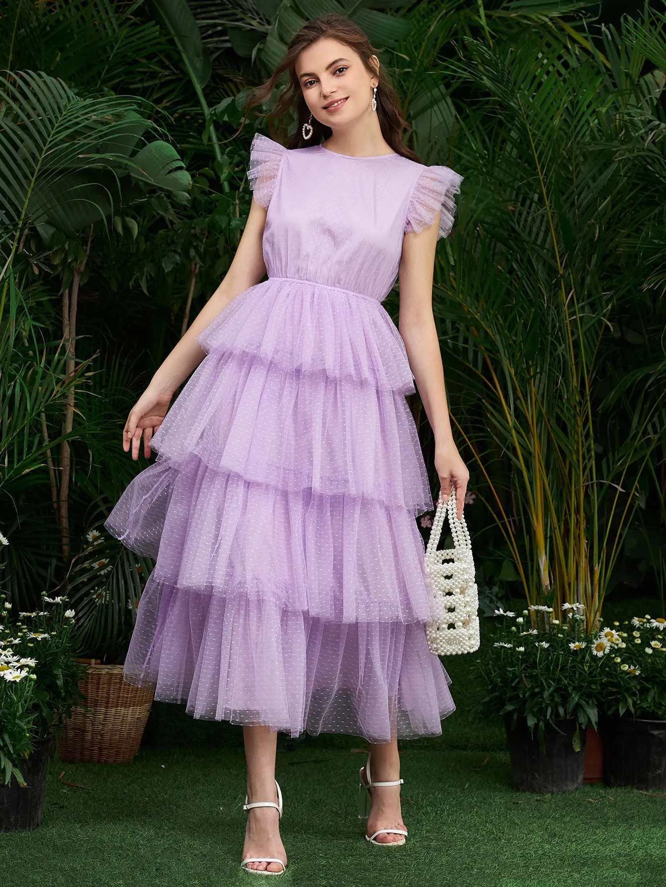 Plain Button Cap Sleeve Round Neck Layered/Tiered High Waist Long Dress