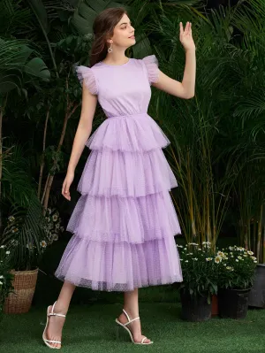 Plain Button Cap Sleeve Round Neck Layered/Tiered High Waist Long Dress