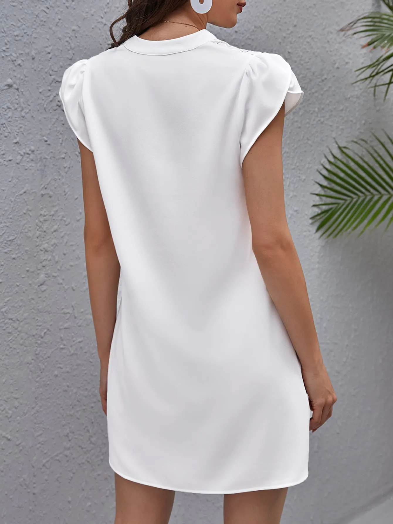 Plain Eyelet Embroidery Cap Sleeve Notched Straight Natural Short Dress