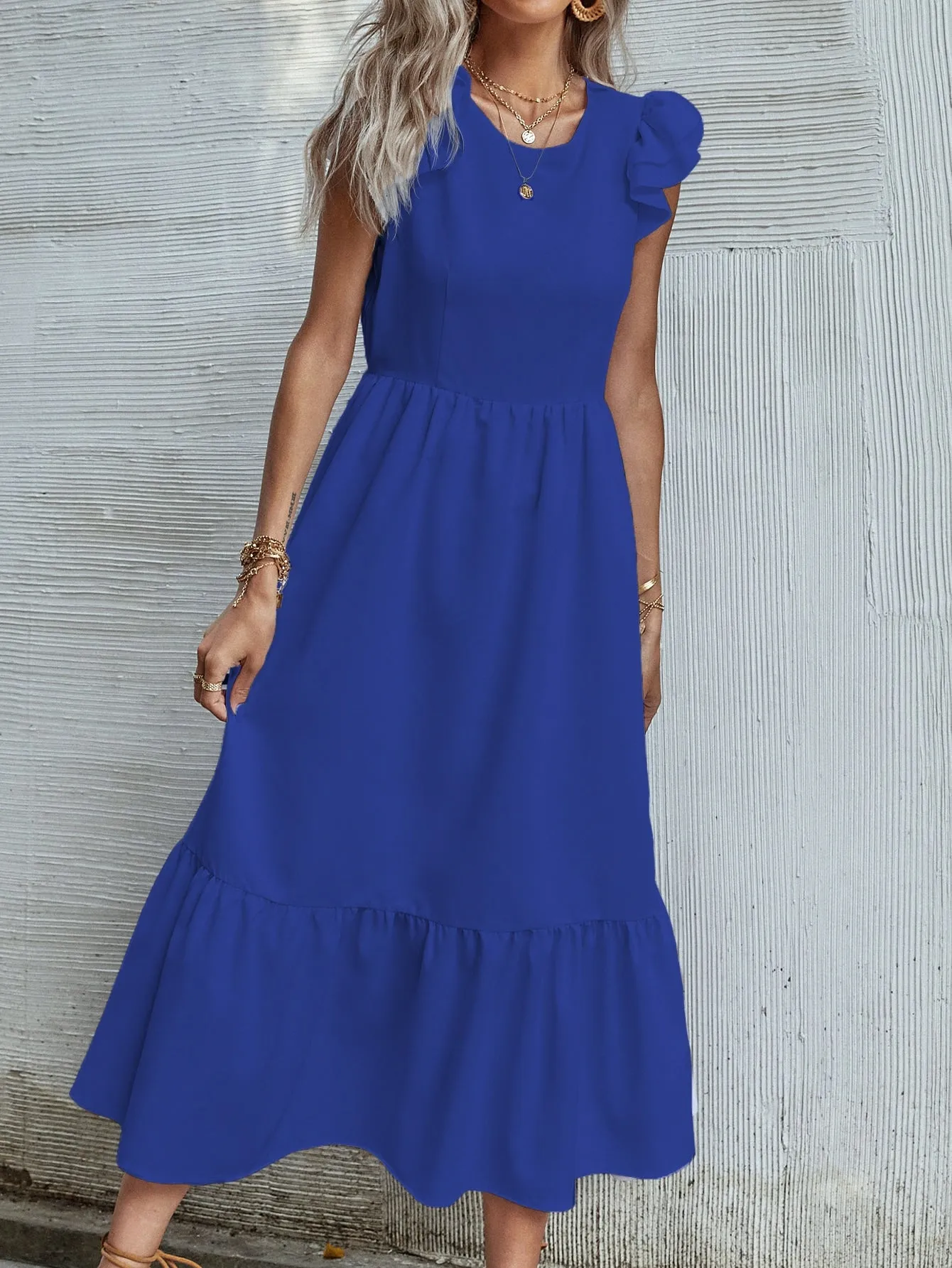 Plain Ruffle Hem Cap Sleeve Round Neck Flounce High Waist Long Dress