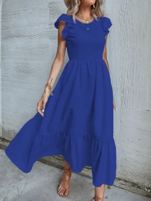 Plain Ruffle Hem Cap Sleeve Round Neck Flounce High Waist Long Dress