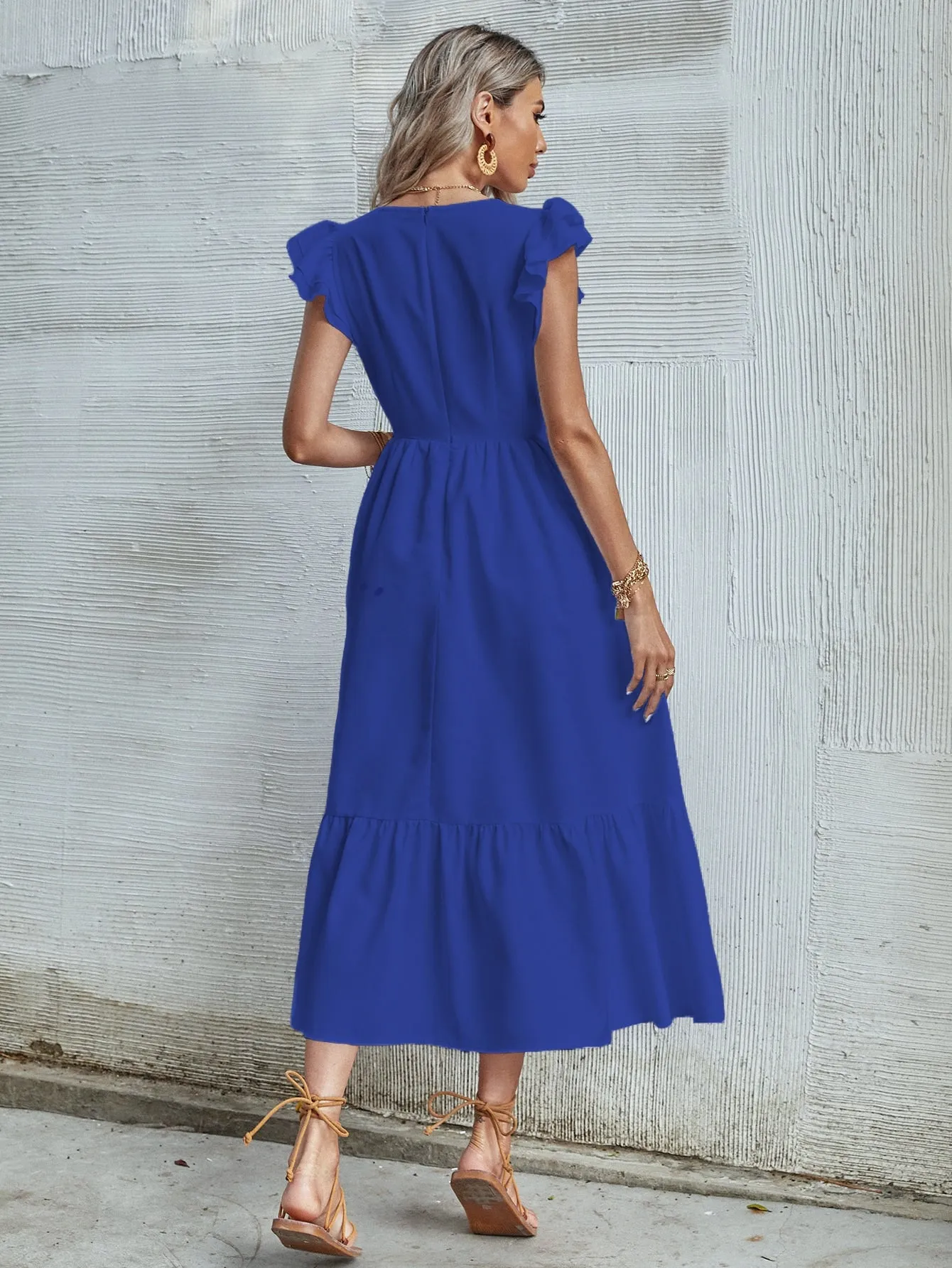 Plain Ruffle Hem Cap Sleeve Round Neck Flounce High Waist Long Dress