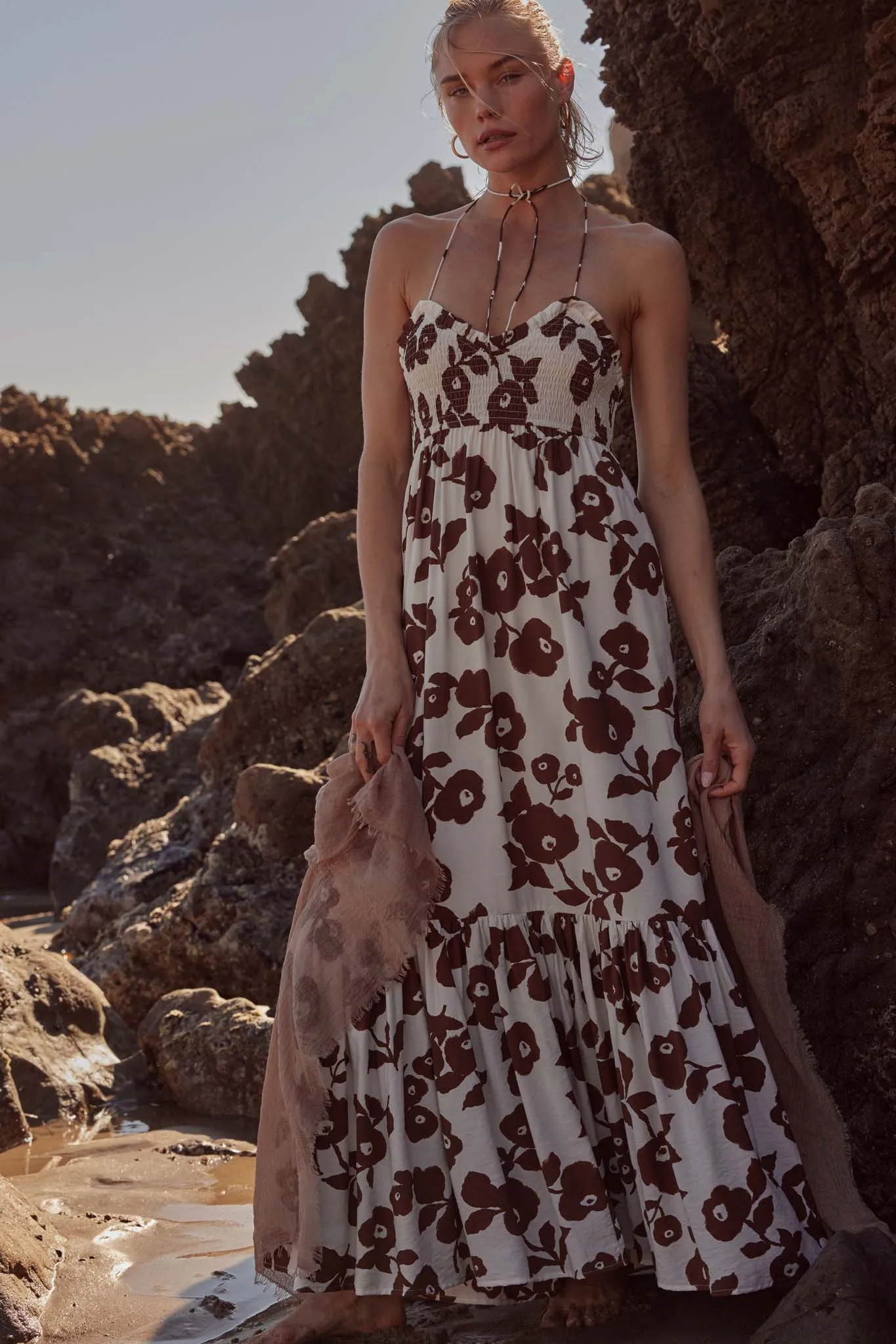 Poppy Prairie Smocked Floral Halter Maxi Dress
