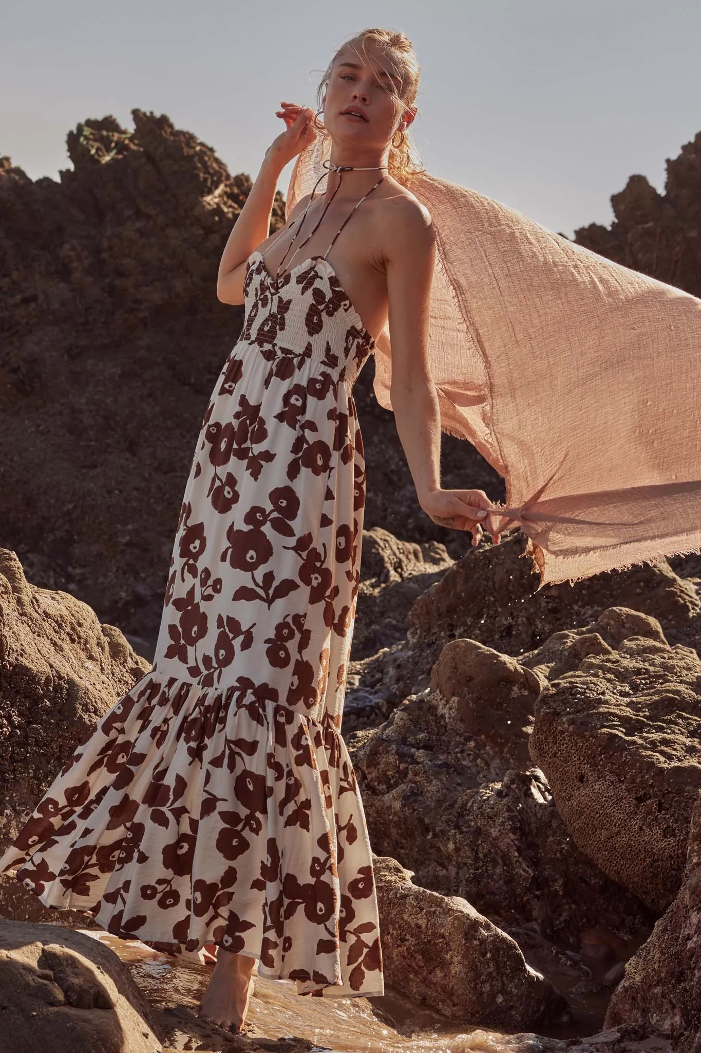 Poppy Prairie Smocked Floral Halter Maxi Dress