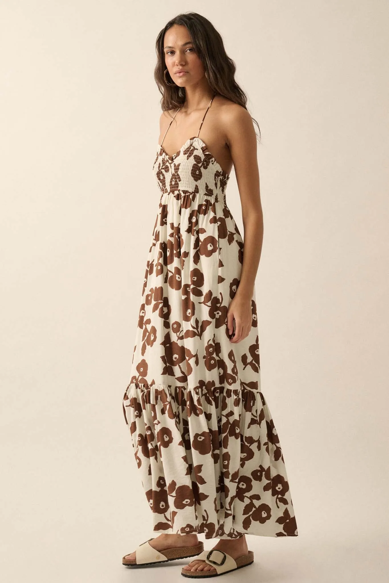 Poppy Prairie Smocked Floral Halter Maxi Dress