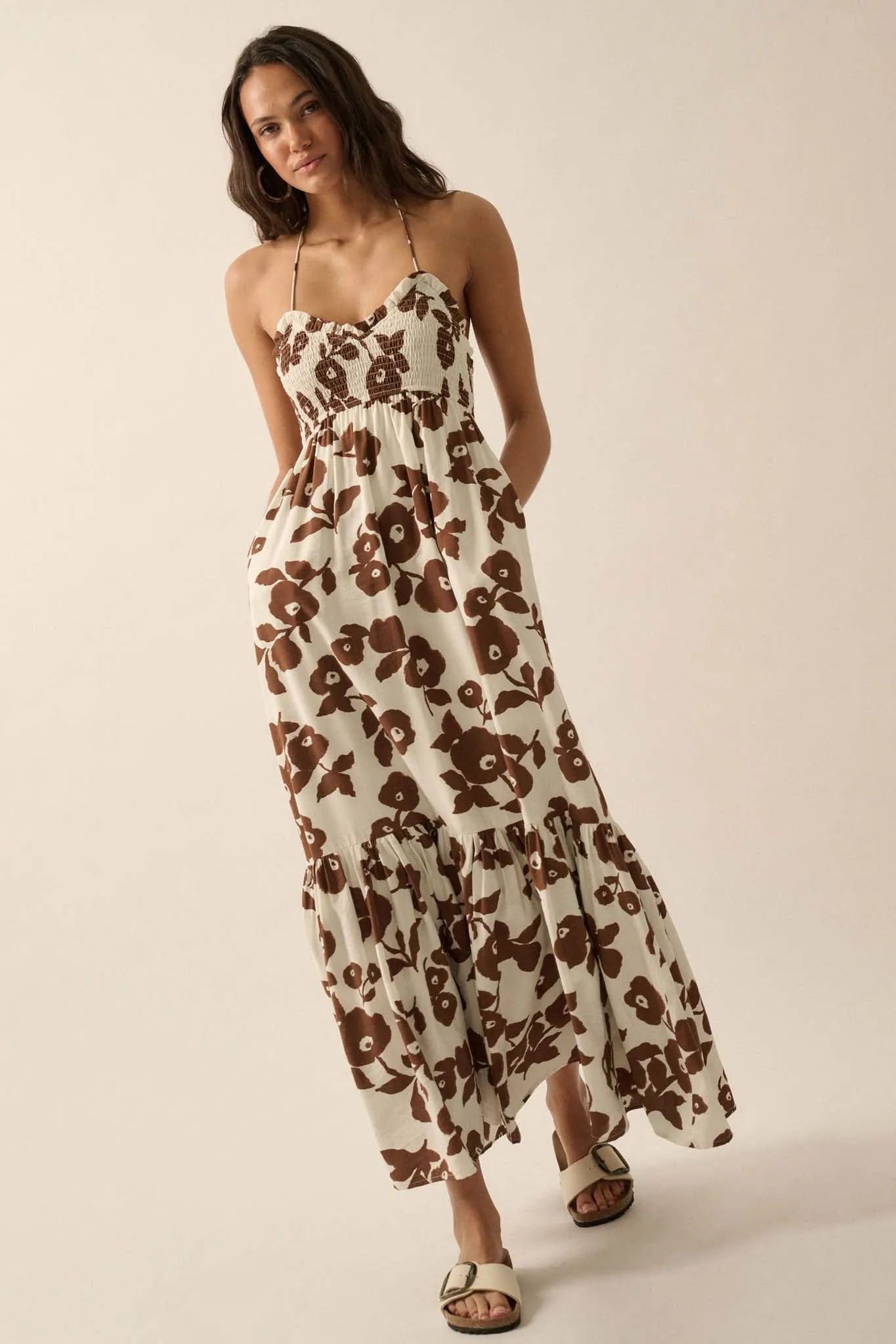 Poppy Prairie Smocked Floral Halter Maxi Dress