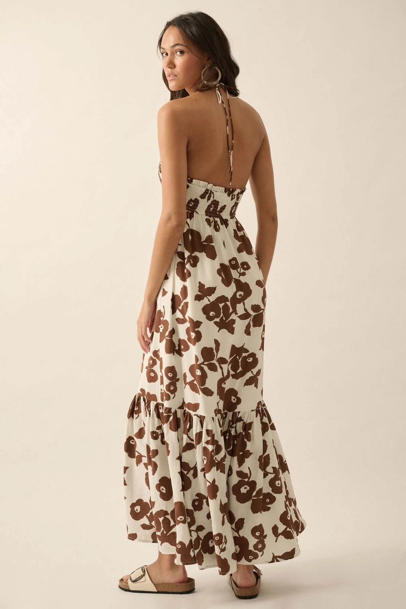 Poppy Prairie Smocked Floral Halter Maxi Dress