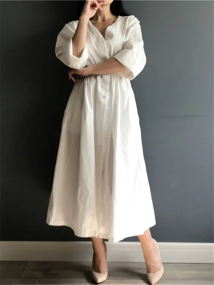 Purpdrank - New Lace Up Oversized High Waist Pleated Dress Women Spring Summer Elegant Chic V-Neck Long White Dresses