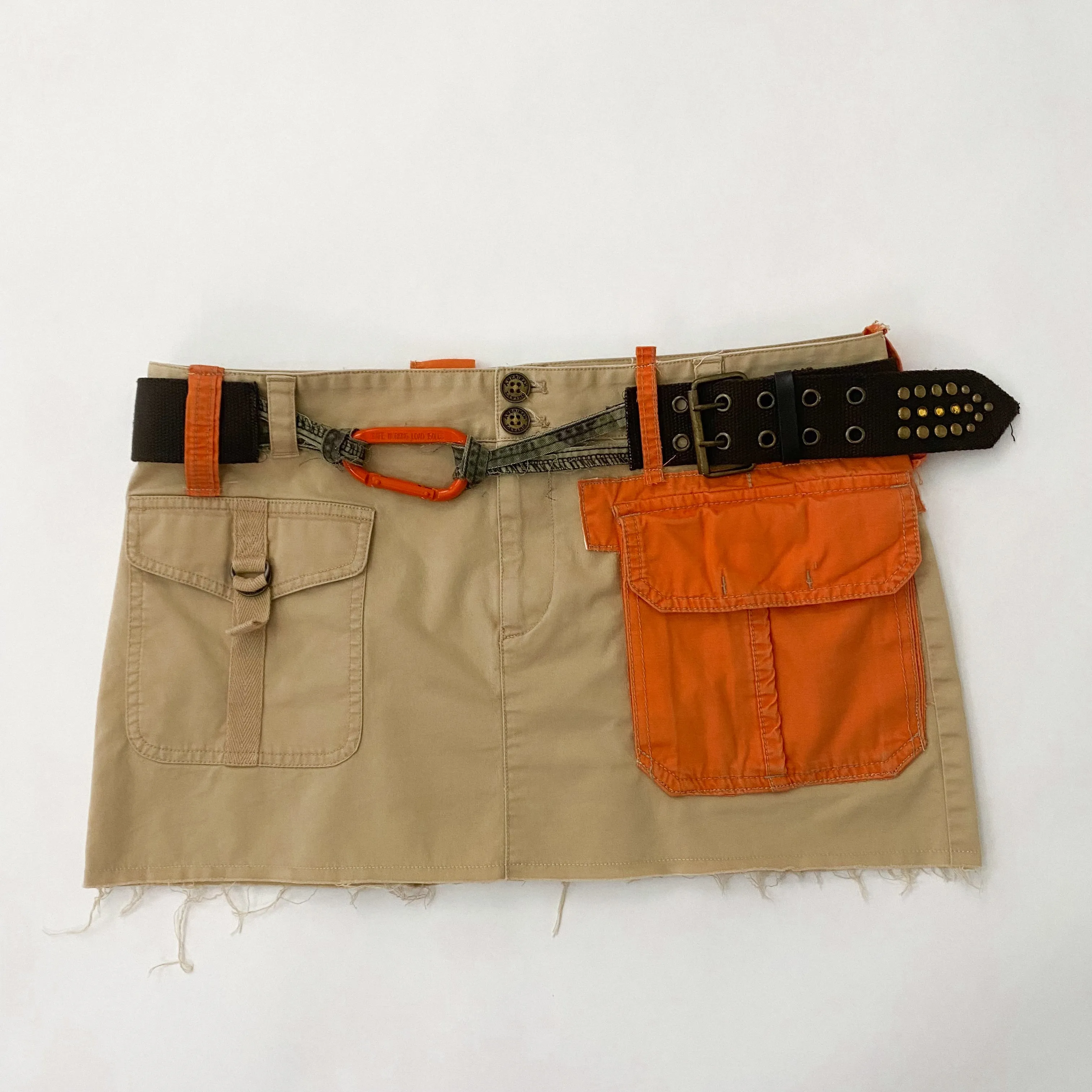 Reworked Khaki and Orange Cargo Utility Mini Skirt