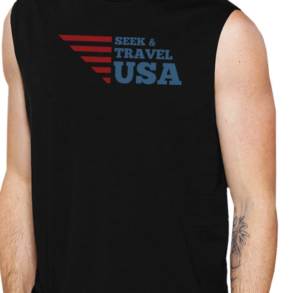 Seek & Travel USA Mens Black Sleeveless Tee Shirt Round Neck Cotton