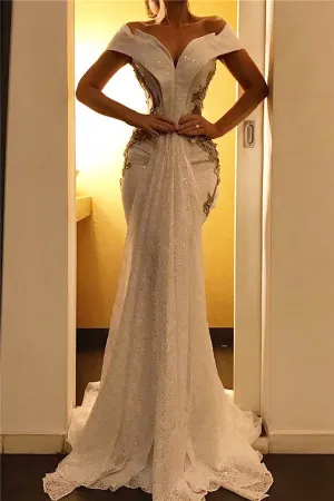 Sexy Long Mermaid Off-the-shoulder Backless Evening Dresses with Cap Sleeves