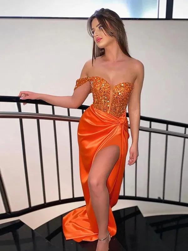 Sheath/Column Elastic Woven Satin Ruched One-Shoulder Sleeveless Sweep/Brush Train Dresses