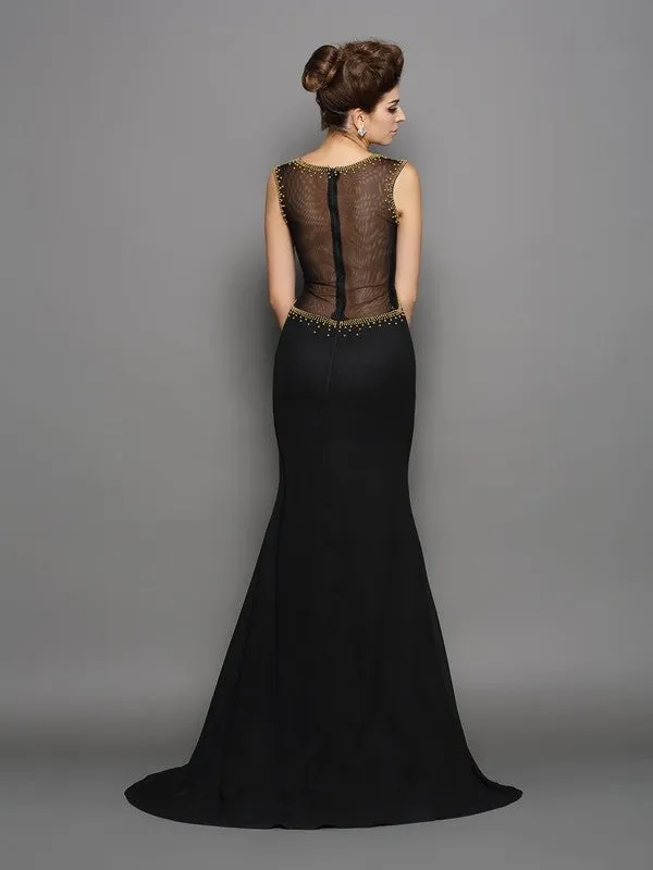 Sheath/Column Scoop Beading Sleeveless Long Chiffon Dresses