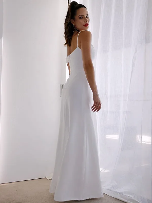Sheath/Column Spaghetti Straps Satin Sleeveless Ruched Floor-Length Wedding Dresses