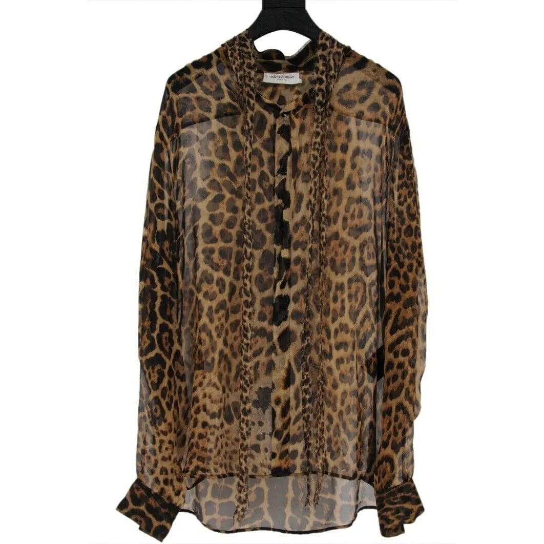 Silk Leopard Cheetah Print Tie Front Button Down Shirt