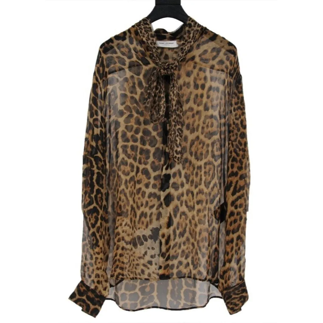 Silk Leopard Cheetah Print Tie Front Button Down Shirt