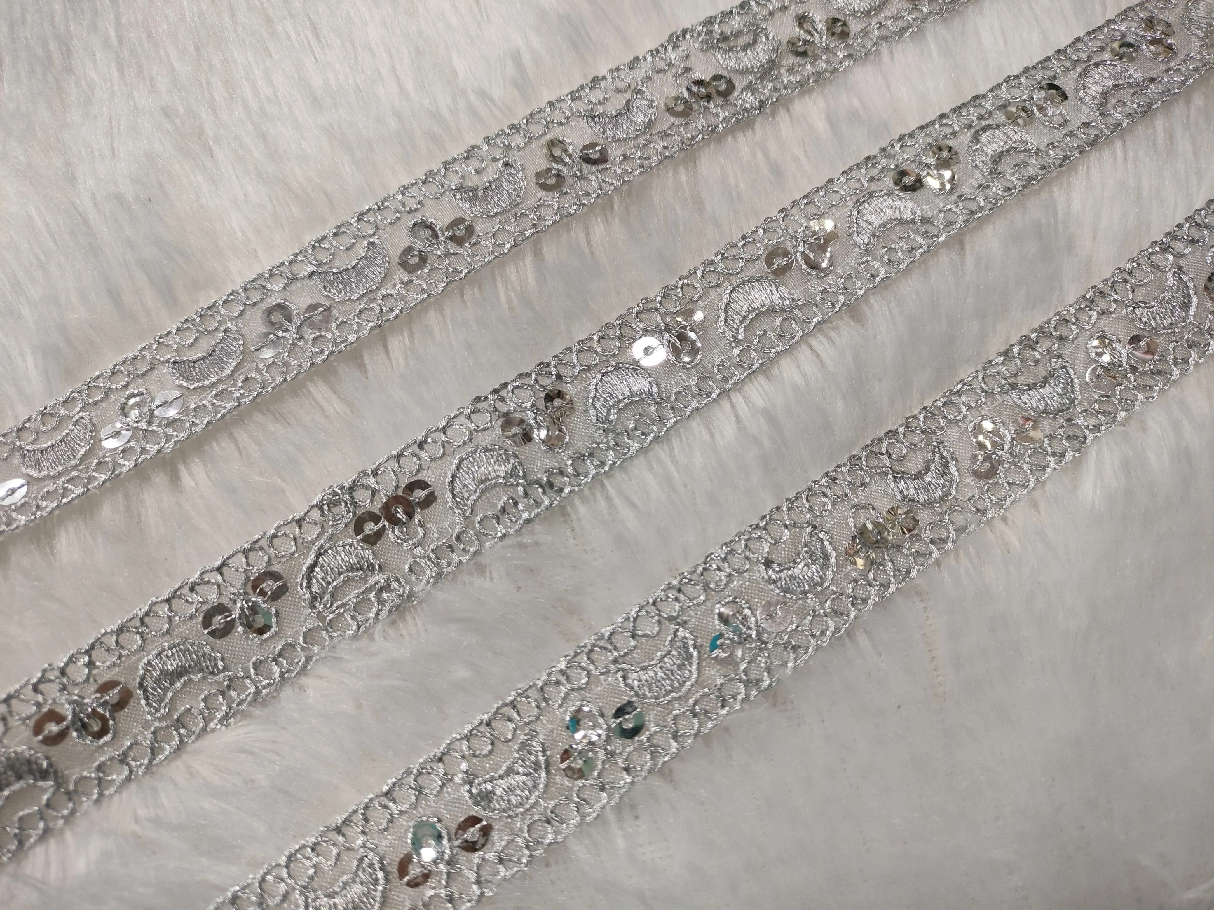 Silver Fancy Sequins Work Zari Embellished Trim