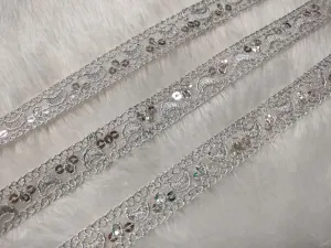 Silver Fancy Sequins Work Zari Embellished Trim