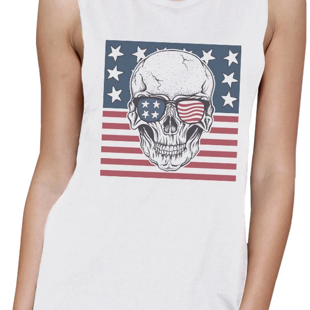 Skull American Flag Womens White Muscle Tee Crew Neck Line Cotton