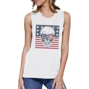 Skull American Flag Womens White Muscle Tee Crew Neck Line Cotton