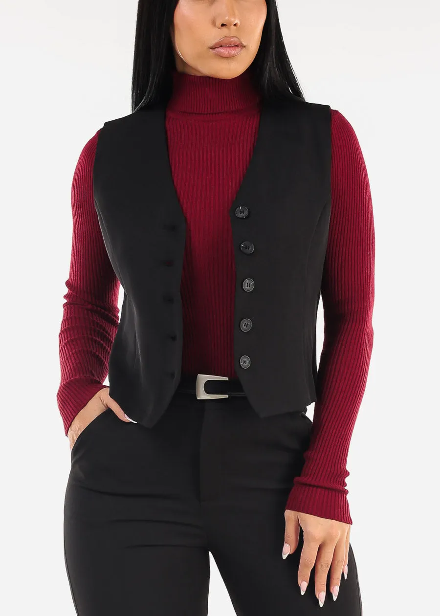Sleeveless Button Up Twill Vest Black