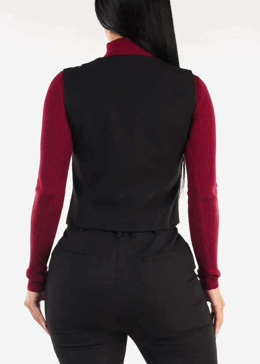 Sleeveless Button Up Twill Vest Black