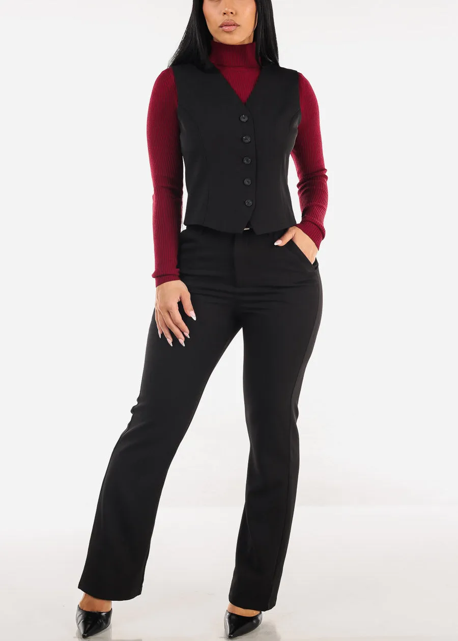 Sleeveless Button Up Twill Vest Black